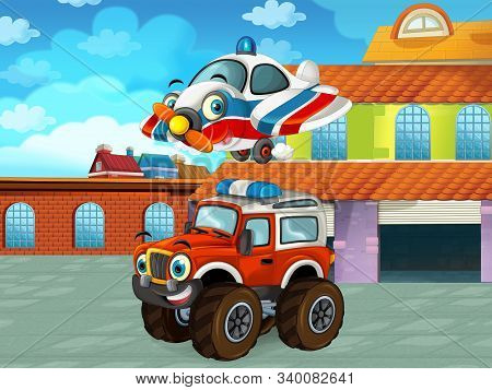 Cartoon Scene With Car Vehicle On The Road Near The Garage Or Repair Station - Illustration For Chil