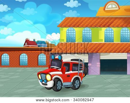 Cartoon Scene With Car Vehicle On The Road Near The Garage Or Repair Station - Illustration For Chil