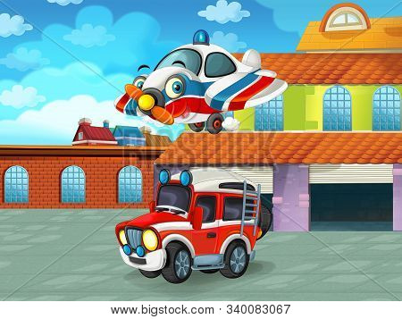 Cartoon Scene With Car Vehicle On The Road Near The Garage Or Repair Station - Illustration For Chil