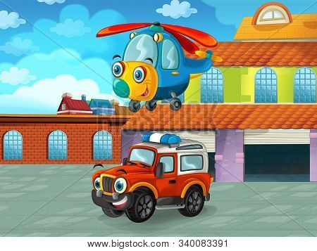 Cartoon Scene With Car Vehicle On The Road Near The Garage Or Repair Station - Illustration For Chil