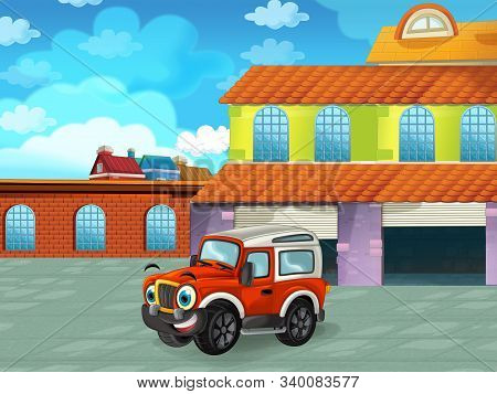 Cartoon Scene With Car Vehicle On The Road Near The Garage Or Repair Station - Illustration For Chil