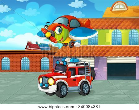 Cartoon Scene With Car Vehicle On The Road Near The Garage Or Repair Station - Illustration For Chil