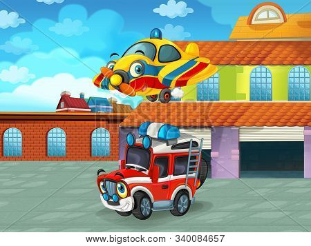 Cartoon Scene With Car Vehicle On The Road Near The Garage Or Repair Station - Illustration For Chil