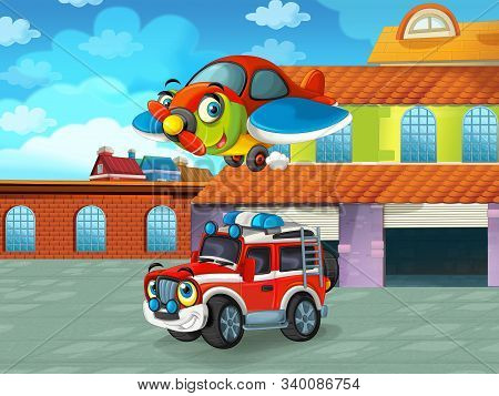 Cartoon Scene With Car Vehicle On The Road Near The Garage Or Repair Station - Illustration For Chil