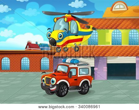 Cartoon Scene With Car Vehicle On The Road Near The Garage Or Repair Station - Illustration For Chil
