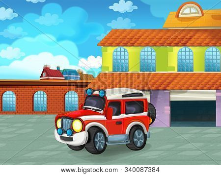 Cartoon Scene With Car Vehicle On The Road Near The Garage Or Repair Station - Illustration For Chil