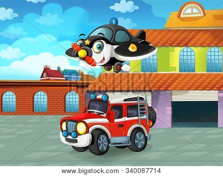 Cartoon Scene With Car Vehicle On The Road Near The Garage Or Repair Station - Illustration For Chil