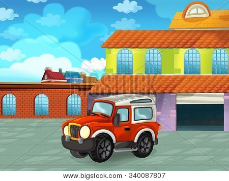 Cartoon Scene With Car Vehicle On The Road Near The Garage Or Repair Station - Illustration For Chil