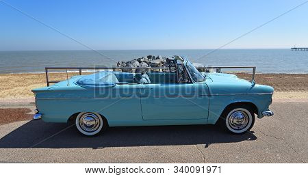 Felixstowe, Suffolk, England -  May 06, 2018: Classic Light Blue Hillman Super Minx Motor Car Parked