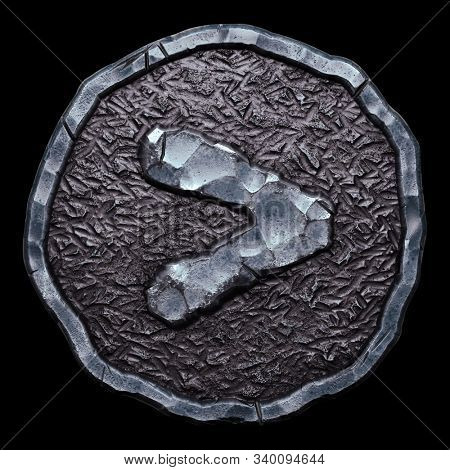 Symbol right angle bracket made of forged metal in the center of coin isolated on black background. 3d rendering