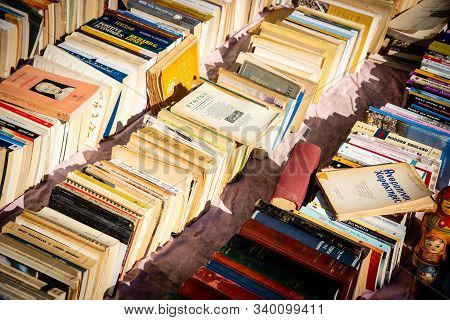 Athens, Greece, September 22 2019: Stack Collection Of Very Old Vintage Collectible Books From A Boo