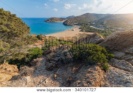 Aerial View On Beautiful Vai Palm Beach At Eastern Part Of Crete Island. Afternoon Foto. Greece Euro