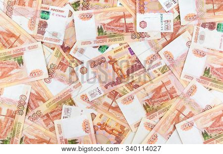 Russian Money Face Value Of Five Thousand Rubles. Close-up Of Russian Rubles . The Concept Of Financ