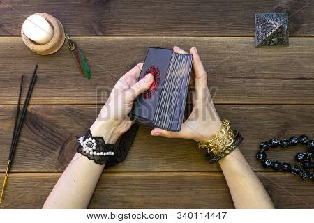 Fortune Telling Cards, Runic Cards For Fortune Telling On A Wooden Table. Scrying Accessories. View 
