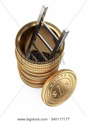 A Stack Of Golden Coins With Hole, And Staircase Inside. Mortgages, Life On Credit. Debentures. 3d I