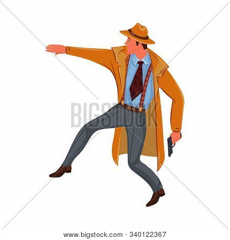Detective Man Sneaks With A Gun In His Hand. Vector Colorful Illustration In Cartoon Style.