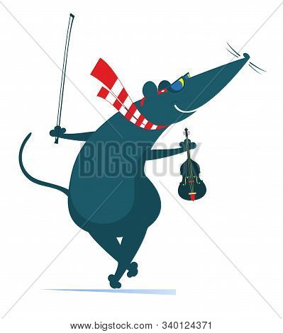 Cartoon Rat Or Mouse Plays Violin Illustration. Comic Rat Or Mouse Holds Violin And Fiddlestick Isol