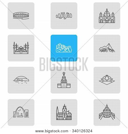 Illustration Of 12 Culture Icons Line Style. Editable Set Of Newgrange, Oxford University, Stoneheng