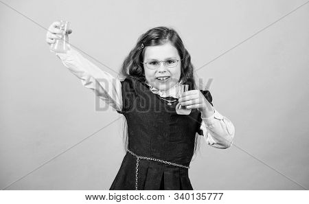 Science Research In Lab. Small Genius Girl. Education And Knowledge. Small Girl Scientist With Testi