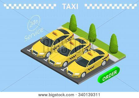 Isometric Ordering Online Taxi And Call A Taxi Online, Mobile Application Concept For Landing Page. 