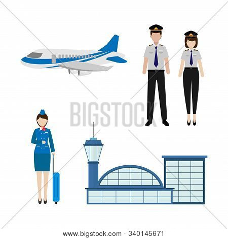 Illustration Design Profession Of A Pilot And Flight Attendant Working At An Airport To Fly A Plane,
