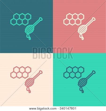 Color Line Honeycomb With Honey Dipper Stickicon Isolated On Color Background. Honey Ladle. Honey Ce