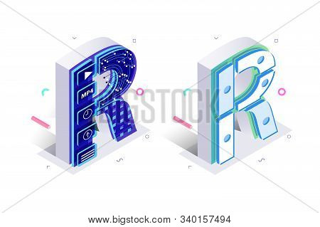 Blue 3d Isometric Letter R Made With Cellular Virtual Style Illustration. Pair Of Colorful Alphabet 