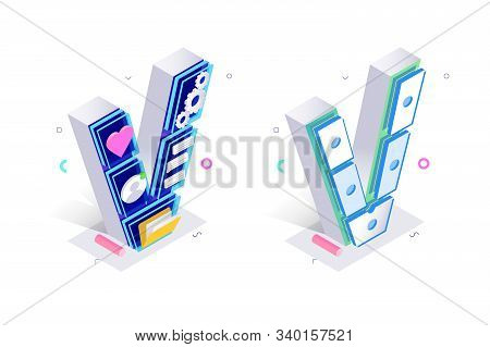Blue 3d Isometric Letter V Made With Cellular Virtual Style Illustration. Pair Of Colorful Alphabet 