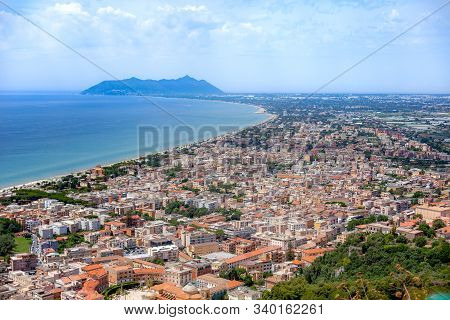 Aerial View Of City Terracina On Bright Sunny Day. Terracina, Italy.