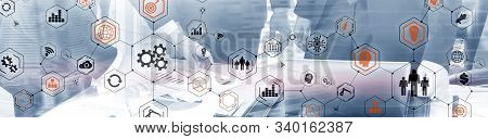 Business Structure Diagram. Gears Mechanis And Social Media On Virtual Screen.