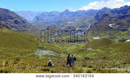 Azuay Province, Ecuador - December 12, 2019: Cajas National Park. View At The Valley And Mountain Ro