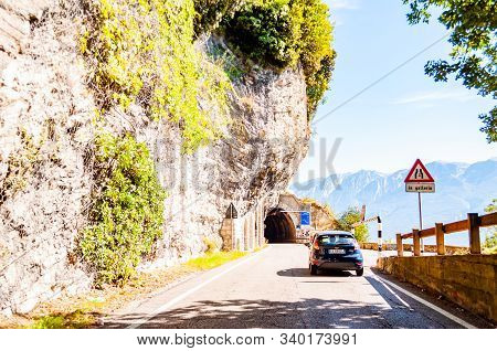 Garda Lake, Lombardy, Italy - September 12, 2019: Scenic Panoramic Beltway Road Around Lake Garda Fu