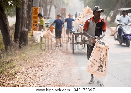Mayapur, West Bengal, India - Dec 14, 2019. Volunteers Collecting Garbage In India. International Ec