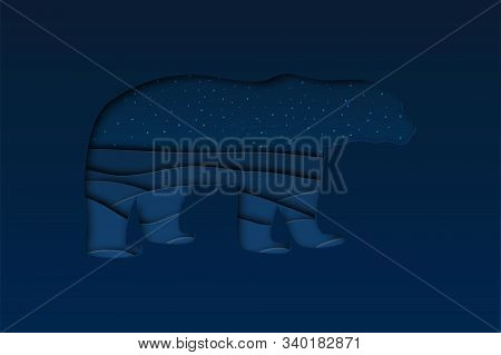 North Arctic Polar White Bear In Paper Cut Craft Style With Dusk Winter Landscape Background, Horizo