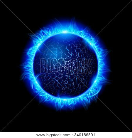 Illustration Of A Blue Fiery Ball Of A Burning Star, Solar Disk. Solar Flare Burning Around Astrolog