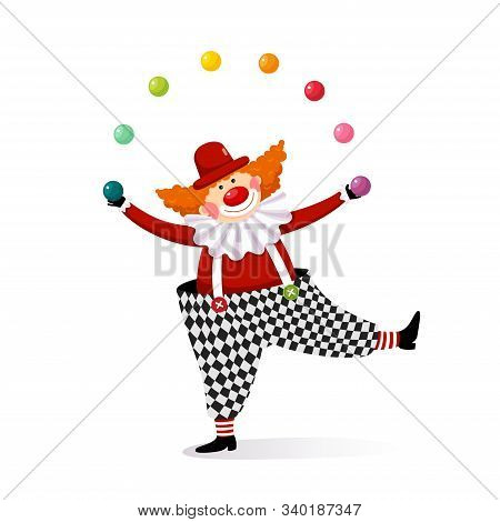 Vector Illustration Cartoon Of A Cute Clown Juggling With Colorful Balls.