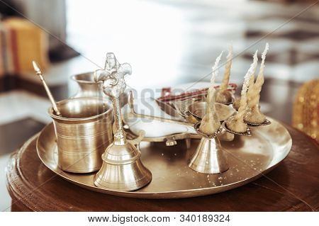 Objects For Worship The Deities In The Indian Culture Called Arati Paraphernalia. Indian Puja Plate.