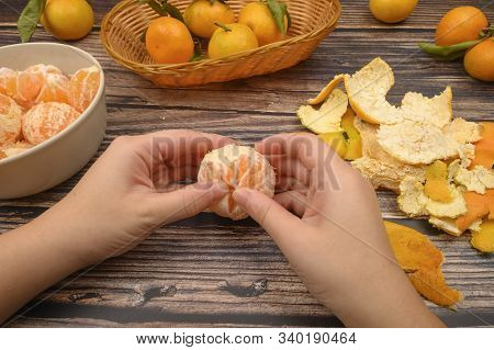 The Girls Hands Are Cleaning Tangerine, Tangerines On A Twig With Green Leaves, Peeled Tangerines In