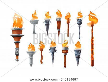 Medieval Realistic Torch With Burning Fire Set.