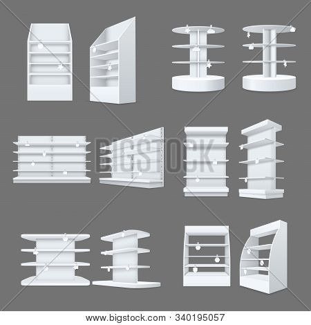 Store Shelves With Wobbler Templates Set. Realistic Empty Shelving Stands