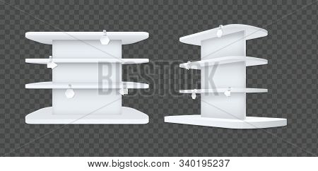 Store Shelves With Wobbler Templates Set. Realistic Empty Shelving Stands