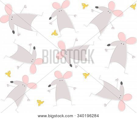 Funny Rats Or Mouse With Cheese. Childish Style. Seamless Pattern For Your Design. Cute Cartoon Rode