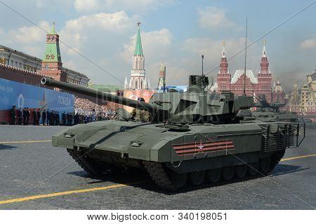 Moscow, Russia - May 7, 2019: Russian T-14 Armata Battle Tank On A Heavy Tracked Platform At The Dre