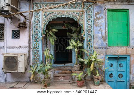 Decorative Doorway And Doorframe, With Plants, In Old Delhi India Near Chandi Chowk Road