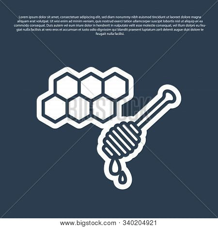 Blue Line Honeycomb With Honey Dipper Stickicon Isolated On Blue Background. Honey Ladle. Honey Cell