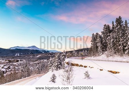 Breckenridge, Colorado, USA town skyline in winter at dawn. 