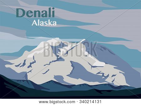 Denali Peak At Denali National Park In Alaska. Vector Illustration