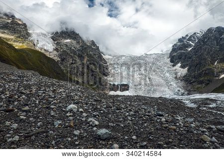 Huge Lardaad Glacier Icefall View From Bottom Mountains Of Svaneti Georgia