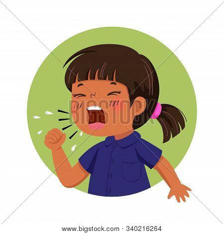 Vector Illustration Of Cartoon Little Girl Feeling Unwell And Coughing. Health Problems Concept.