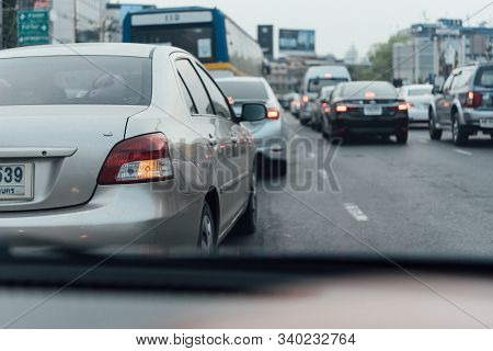 Cars On Busy Road In The City With Traffic Jam